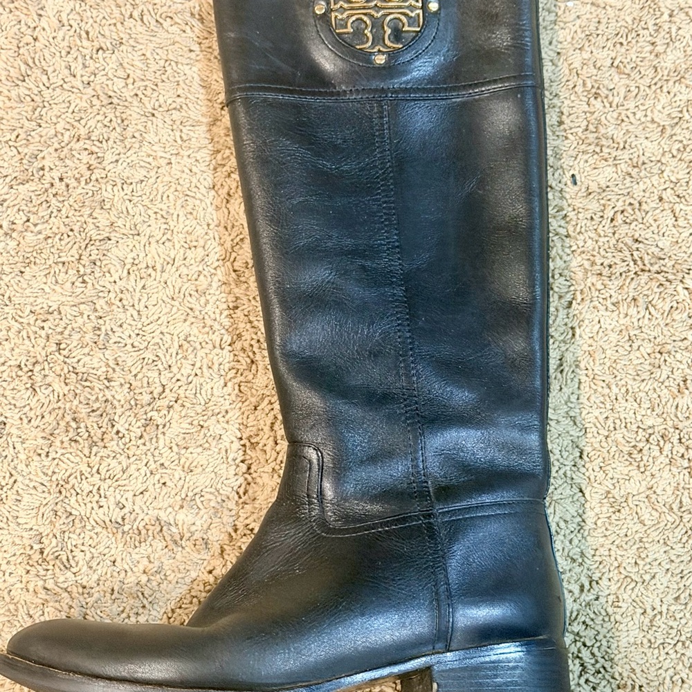 Tory Burch Kiernan Riding Boots Black Leather Knee High Gold Logo 10M - Picture 3 of 10